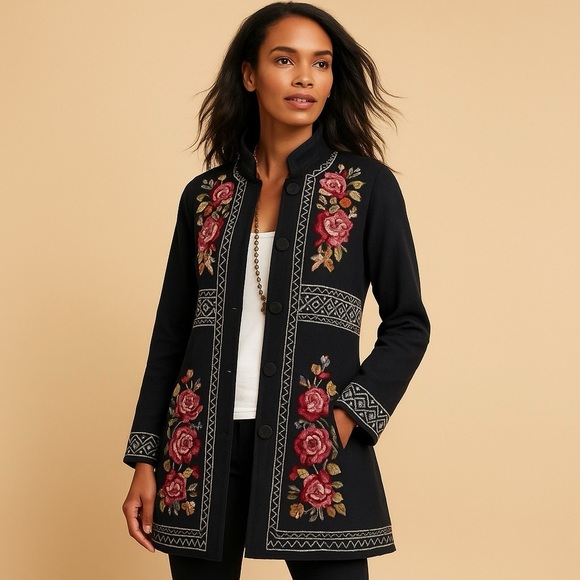 Johnny Was Embroidered Floral French Terry Kimono Coat Size Medium - Picture 1 of 8